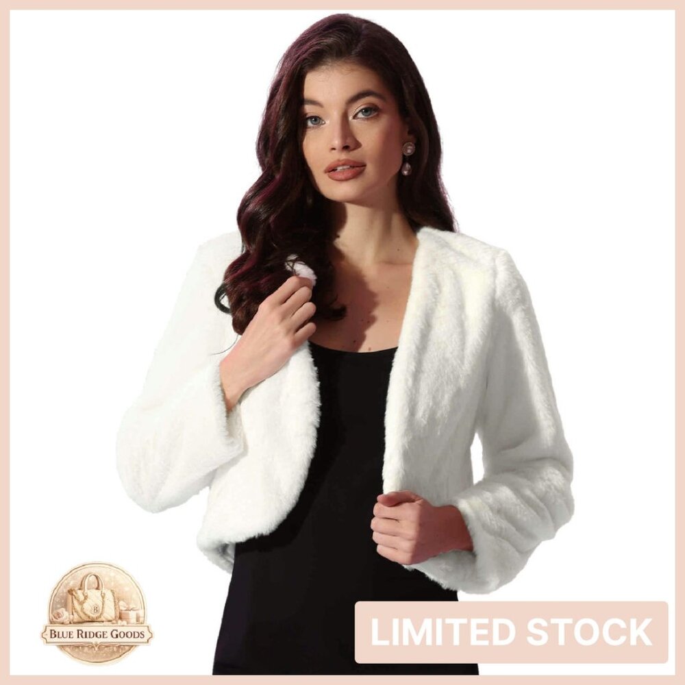 Faux Fur Cropped Jacket Elegant Chic Wedding Bolero Open Front Coat